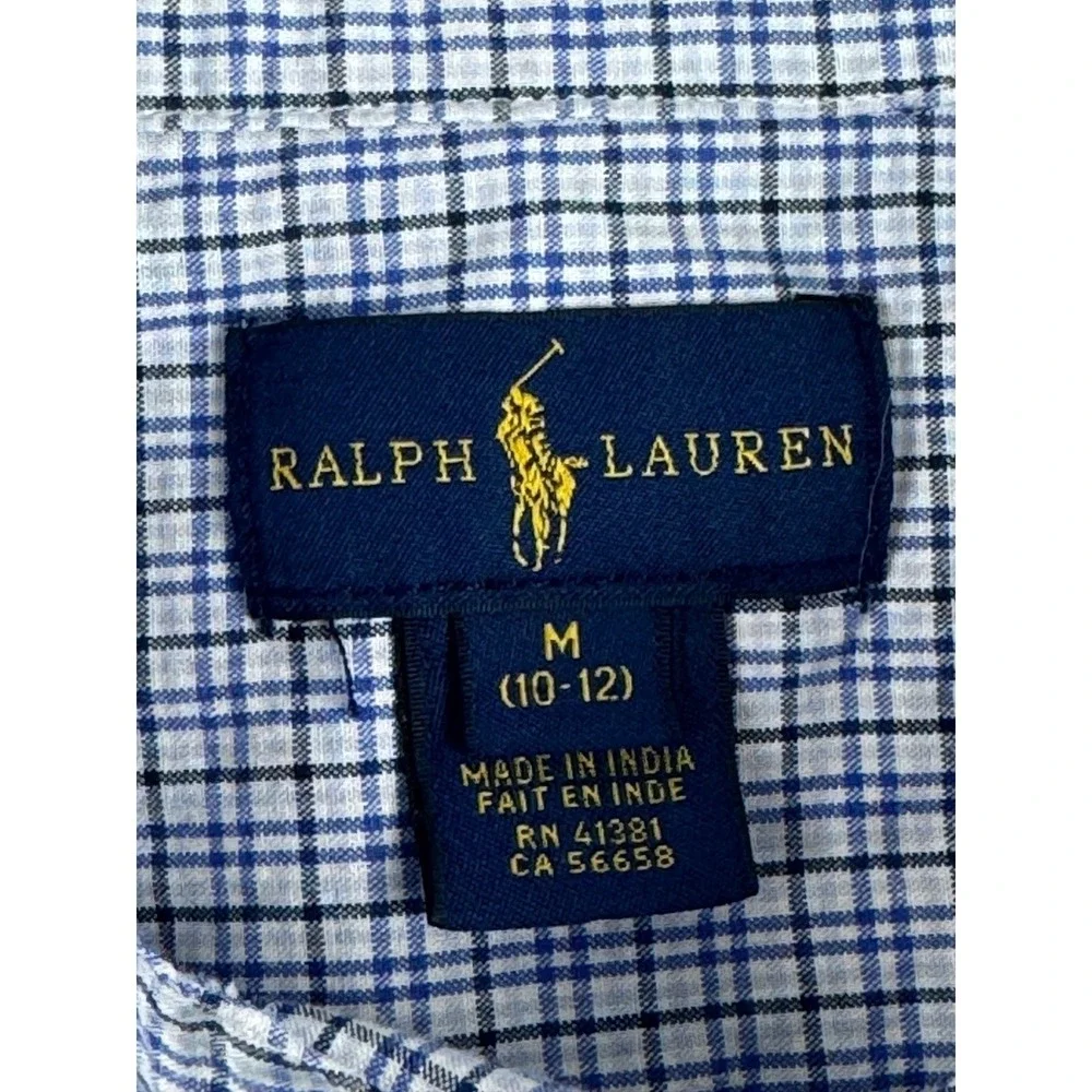 Ralph Lauren Boys Blue White Plaid Button Down Shirt Size M 10-12 Long Sleeve